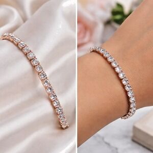 Sparkling Rose Gold Tone CZ Tennis Bracelet Box Safety Clasp Glam Shine Style!